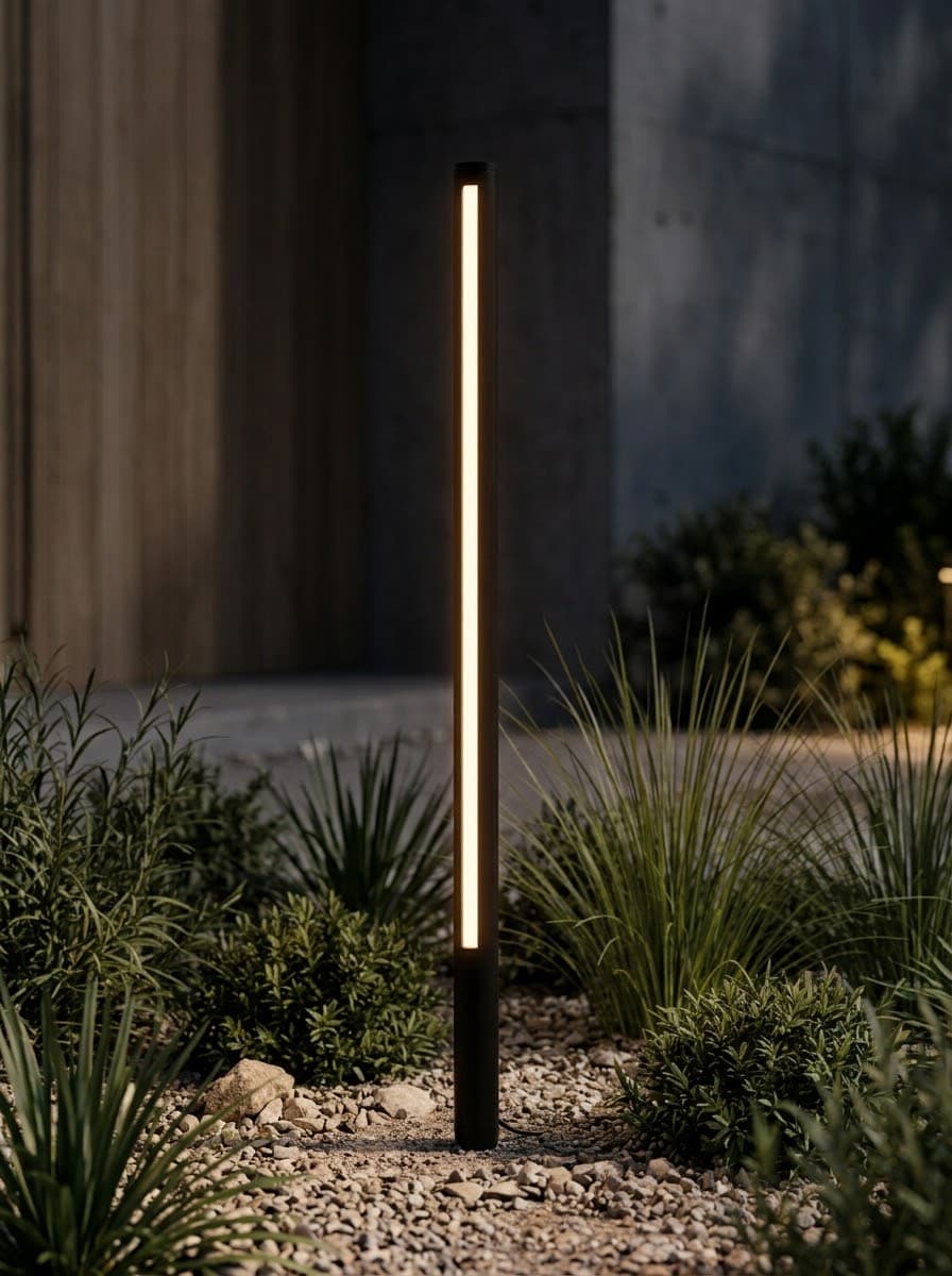 Baliza Caña encendida, de noche, con una franja vertical de luz cálida